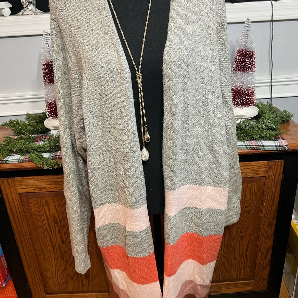 EVRI Gray Cardigan with Pink and Orange Stripes